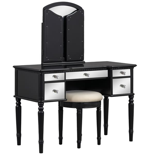 43" Dressing Table Set with Mirrored Drawers and Stool, Tri-fold Mirror, Makeup Vanity Set for Bedroom, Black