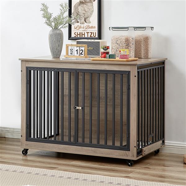 Furniture Style Dog Crate Side Table With Feeding Bowl, Wheels, Three Doors, Flip-Up Top Opening. Indoor, Grey, 43.7"W x 30"D x 33.7"H