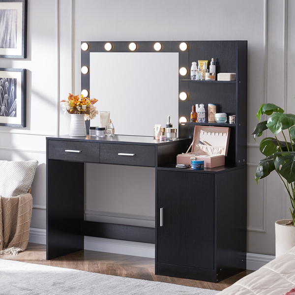 Vanity Desk with Mirror and Lights, 46.4IN Dressing Table with 2 Large Drawer&Large Vertical Organizer, 3 Level Dresser & 3 Lighting Modes Adjustable Brightness, Suitable for Bedroom(Black) 