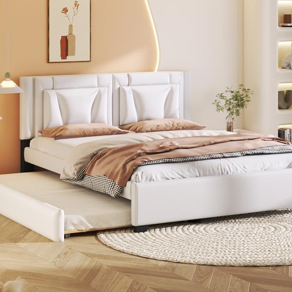 Queen Size Upholstered Platform Bed with Headboard and Twin Size Trundle, White