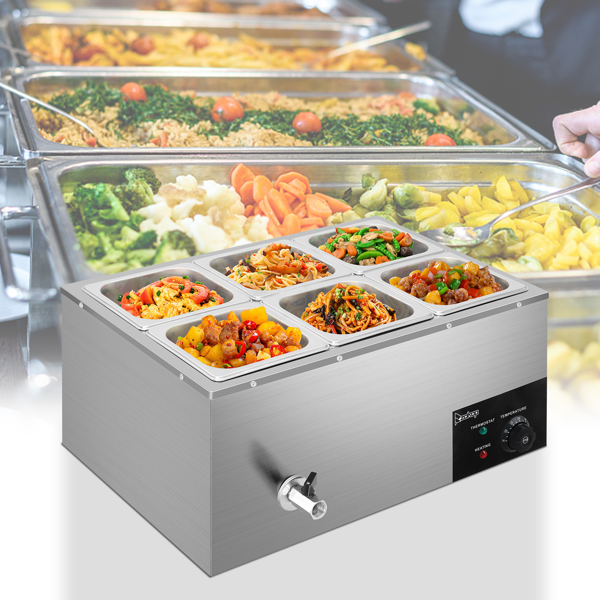 ZOKOP 110V 1200W 3L*6 Stainless Steel Small Six Plates Heating Food Warming Soup Pool Silver