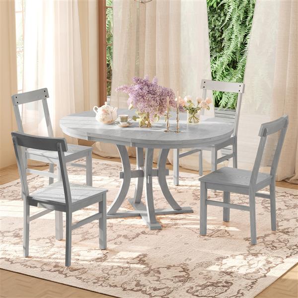 5-Piece Rustic Round Pedestal Extendable Dining Table Set with 15.7" Removable Leaf and Simple Dining Chirs for Small Places, Gray