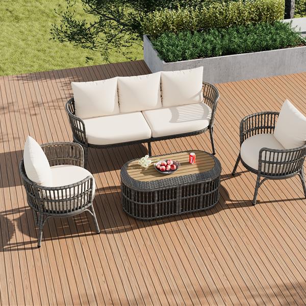 4-Piece Rattan Outdoor Patio Conversation Set with Seating Set for 5 and Coffee Table for Porch, Backyard and Garden (Grey)