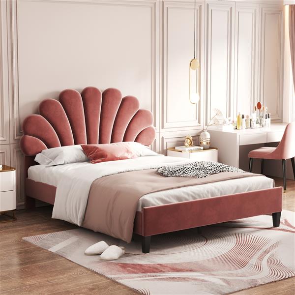 Full Size Upholstered Platform Bed with Flower Pattern Velvet Headboard, Bean Paste Red