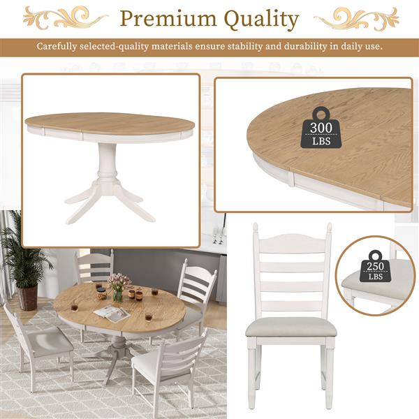 5-Piece Retro Functional Dining Table Set Wood Round Extendable Dining Table and 4 Upholstered Dining Chairs (Off White)