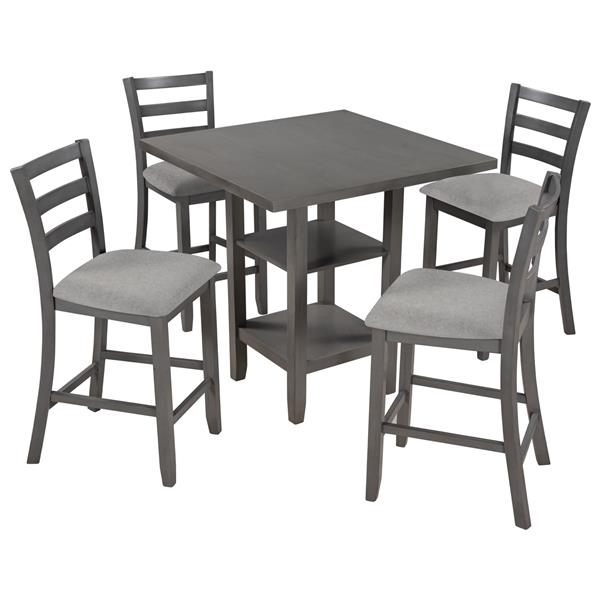 5-Piece Wooden Counter Height Dining Set with Padded Chairs and Storage Shelving (Gray)