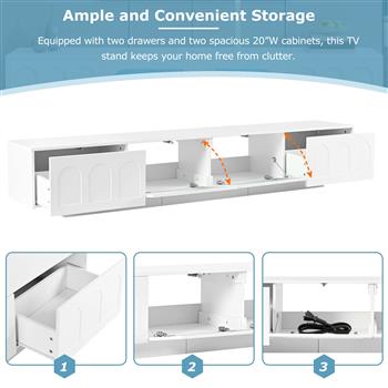 TV Stand with Fluted tempered Glass Doors for TVs Up to 95\\'\\', Functional Media Console with Arched Cabinet Doors, Entertainment Center with APP-Controlled LED Light for Living Room, White