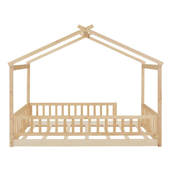 Full Size Wood Bed House Bed Frame with Fence, for Kids, Teens, Girls, Boys,Natural