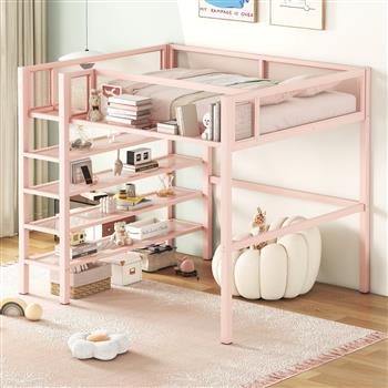 Full Size Metal Loft Bed with 4-Tier Shelves and Storage, Pink