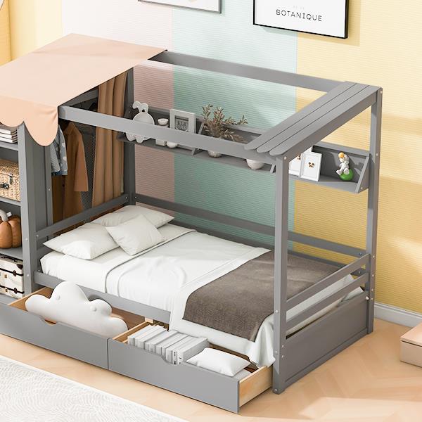 Twin size House Bed with Two Drawers and Wardrobe,Gray