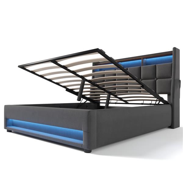 Full size Upholstered Platform bed with a Hydraulic Storage System, LED and USB Charging, Grey (without mattress)