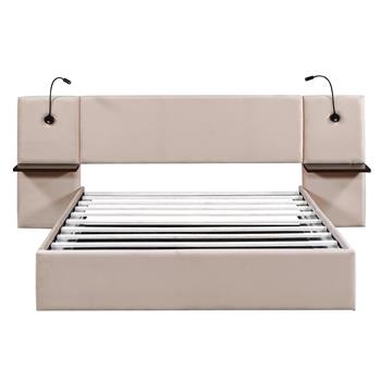 Queen Size Storage Upholstered Hydraulic Platform Bed with 2 Shelves, 2 Lights and USB, Beige