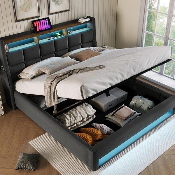 Queen size Upholstered Platform bed with a Hydraulic Storage System, LED and USB Charging, Grey (without mattress)