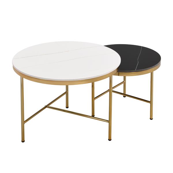 Modern Round Nesting Coffee Table Set 2-Piece Black & White Sintered Stone Top Gold Base in 23.6''&17.7''