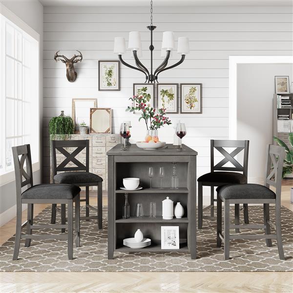 5 Pieces Counter Height Rustic Farmhouse Dining Room Wooden Bar Table Set with 4 Chairs, Gray