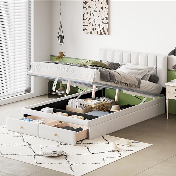 Full Size Upholstered Bed with Hydraulic Storage System and Drawer, White