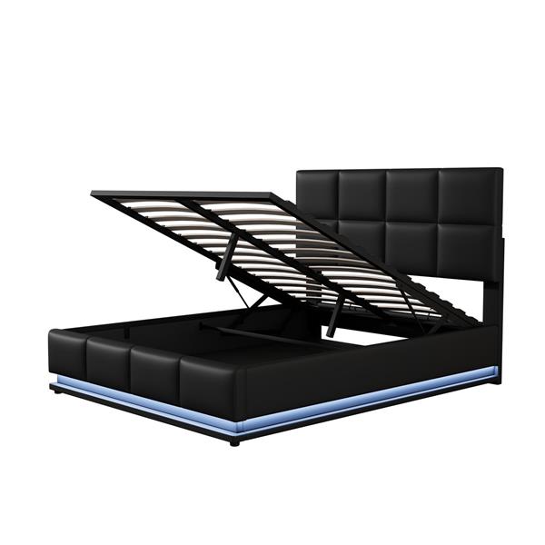 Full Size Tufted Upholstered Platform Bed with Hydraulic Storage System,PU Storage Bed with LED Lights and USB charger, Black