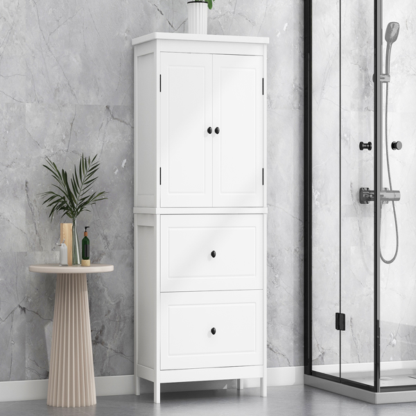 Bathroom Storage Cabinet, Cabinet with Two Doors and Drawers, Adjustable Shelf, MDF Board, White 