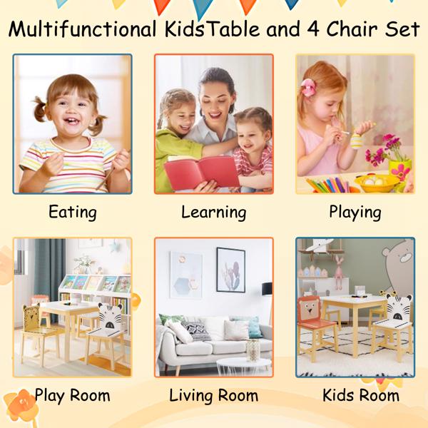 5 Piece Kiddy Table and Chair Set , Kids Wood Table with 4 Chairs Set Cartoon Animals (bigger table) (3-8 years old) 