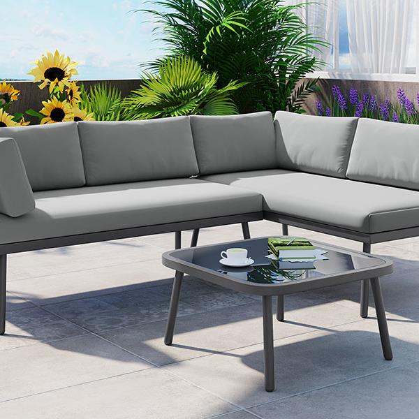 Modern Outdoor 3-Piece PE Rattan Sofa Set All Weather Patio Metal Sectional Furniture Set with Cushions and Glass Table for Backyard, Poolside, Garden, Gray,L-Shaped