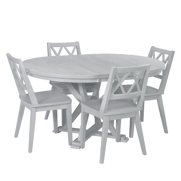 Mid-Century 5-Piece Extendable Round Dining Table Set with 15.7" Removable Leaf and 4 Cross Back Dining Chairs, Grey