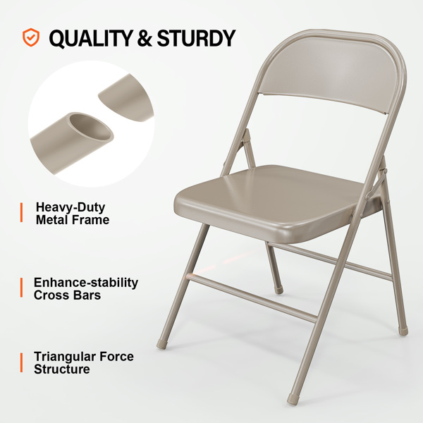 4 Pack Metal Frame Folding Chairs, Portable Stackable Commercial Seat with Steel Frame 350 LBS Capacity for Home Office Events Party, Khaki