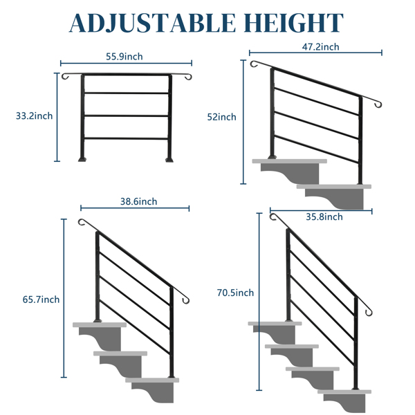 Handrails for Outdoor Steps, Wrought Iron Handrail Fits 1 to 4 Steps, Transitional Handrail with Installation Kit, Black