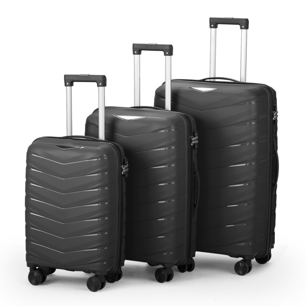 FCH V-striped 3-in-1 PP trolley case 20in 24in 28in PP iron trolley classic color - black (grained pattern)