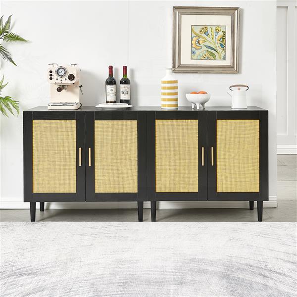 Side panel buffet cabinet with natural rattan door, rattan storage cabinet with adjustable shelves, side panel and buffet with storage space, modern console cabinet in bedroom and living room