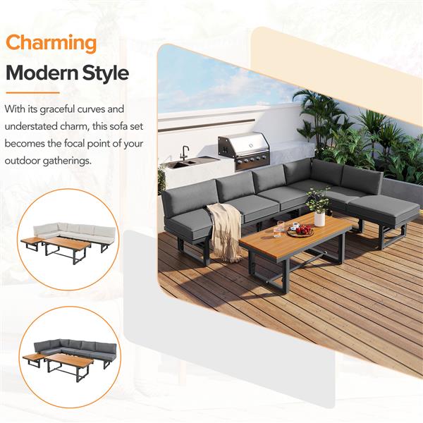 3-Piece Modern Multi-Functional Outdoor Sectional Sofa Set with Height-adjustable Seating and Coffee Table for Patio, Garden and Backyard (Grey)