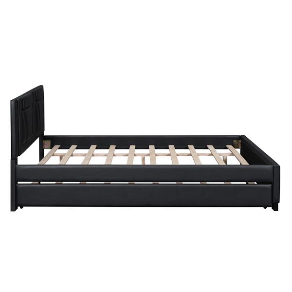 Queen Size Upholstered Platform Bed with Headboard and Twin Size Trundle, Black