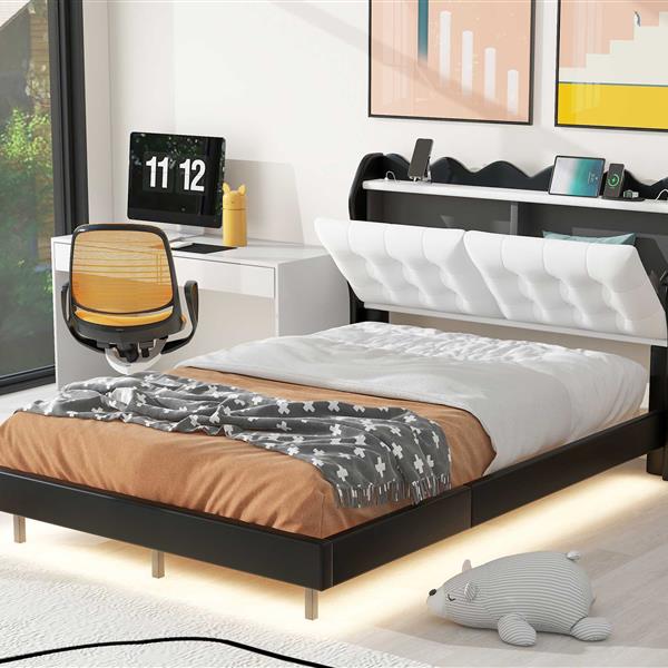 Full Size Upholstery Platform Bed Frame with LED Light Strips and Built-in Storage Space,Black