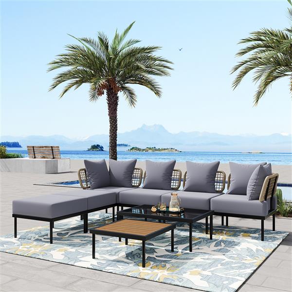 8-Piece Patio Sectional Sofa Set with Tempered Glass Coffee Table and Wooden Coffee Table for Outdoor Oasis, Garden, Patio and Poolside (Light Grey Cushion + Black Steel)