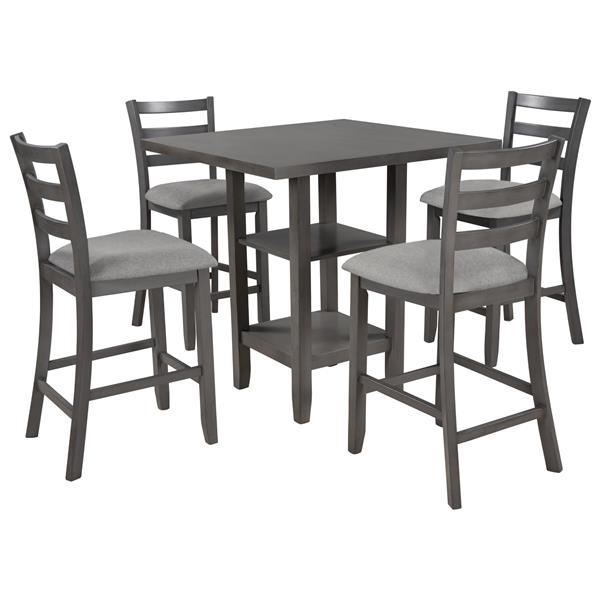 5-Piece Wooden Counter Height Dining Set with Padded Chairs and Storage Shelving (Gray)