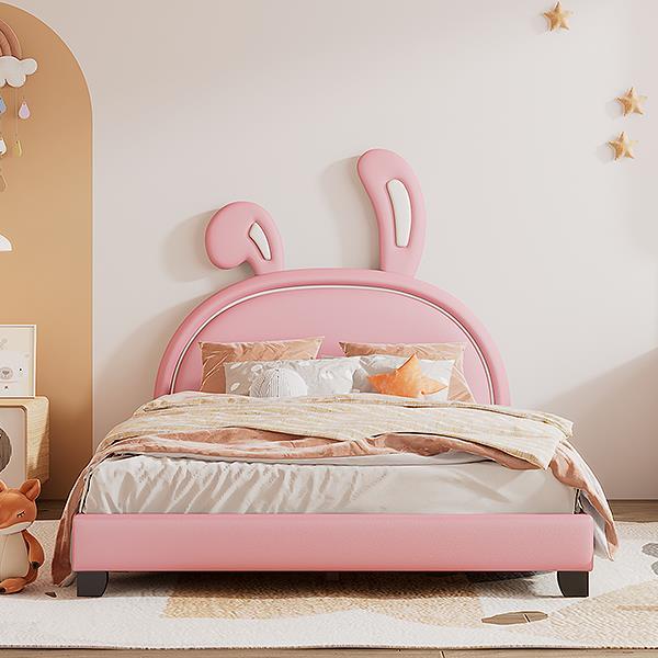 Full Size Upholstered Leather Platform Bed with Rabbit Ornament, Pink