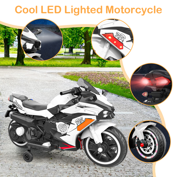 12V Electric Motorcycle for Kids, Powered Toy Motorcycle, Child Motorcycle Ride On with Light Wheels and Bluetooth Music White