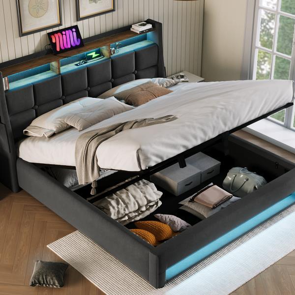 Full size Upholstered Platform bed with a Hydraulic Storage System, LED and USB Charging, Grey (without mattress)