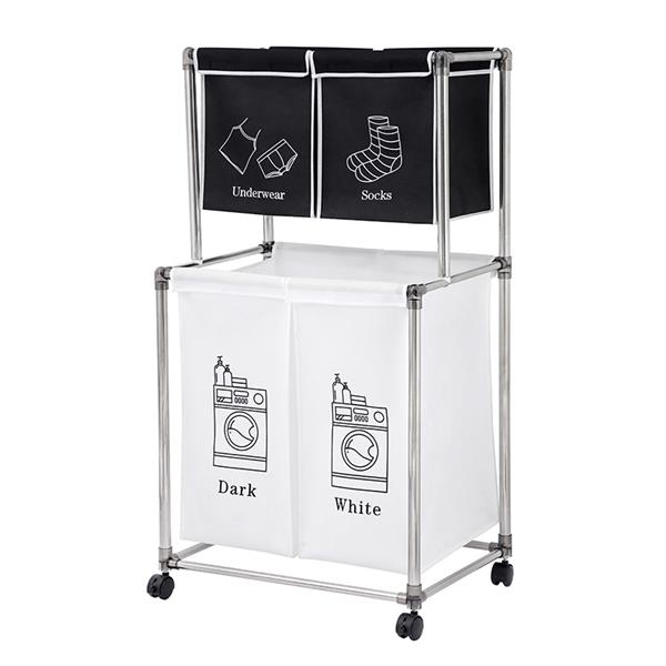 Laundry Basket 2 Tier Clothes Sorter with 4 Removable Bags to Organize Clothes, With Four Wheels, Easy to Move, Laundry, Light, Dark