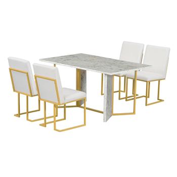 7-Piece Modern Dining Table Set, Artificial Marble Sticker Tabletop and 6 Upholstered Linen Chair All with lden Steel Legs for Dining Room and Kitchen (White + ld)