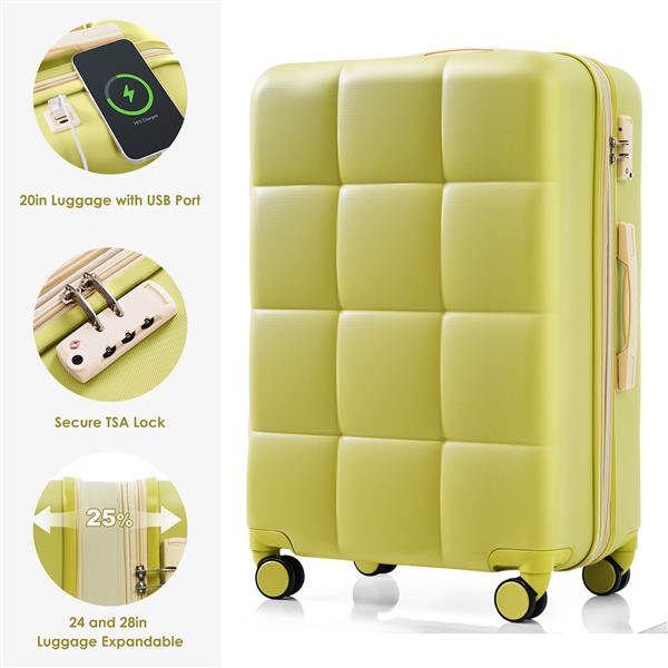 Luggage Set of 3, 20-inch with USB Port, Airline Certified Carry-on Luggage with Cup Holder, ABS Hard Shell Luggage with Spinner Wheels, olive yellow 