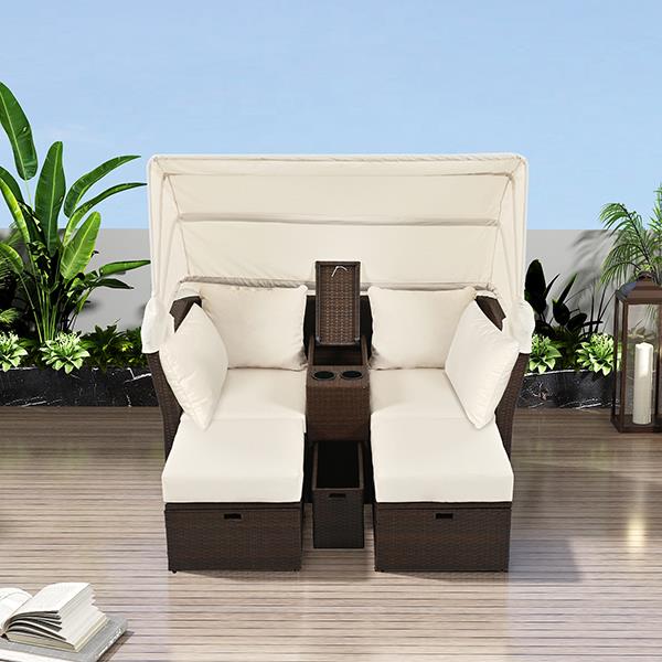 2-Seater Outdoor Patio Daybed Outdoor Double Daybed Outdoor Loveseat Sofa Set with Foldable Awning and Cushions for Garden, Balcony, Poolside, Beige