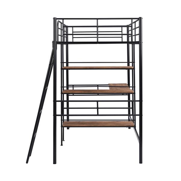 Twin Size Metal Loft Bed and Built-in Desk and Shelves,Black