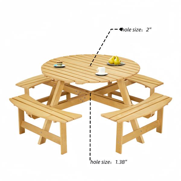 Outdoor 8 Person Picnic Table, 8 person Round Picnic Table with 4 Built-in Benches, Umbrella Hole, Outside Table and Bench Set for Garden, Backyard, Porch, Patio,  Natural