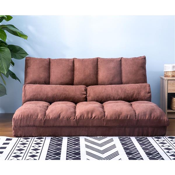 Double Chaise Lounge Sofa Floor Couch and Sofa with Two Pillows (Brown)