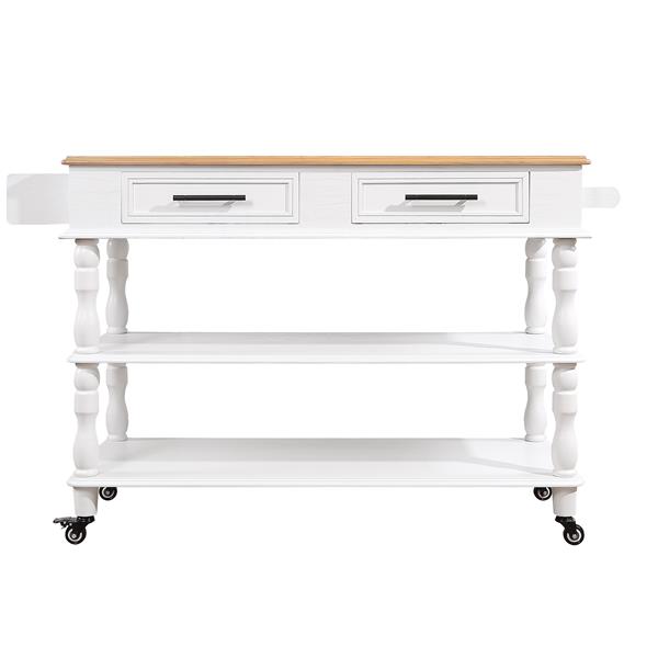 56 inch Rolling Kitchen Island with Storage,Kitchen Cart with Solid OAK Wood Top,Two-sided Kitchen island Cart on Wheels ,Wine and Spice Rack, Large Kitchen Cart with 2 Drawers, Milk White+Natural Top