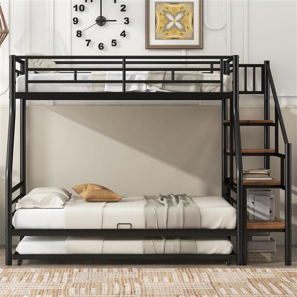 Twin over Full Size Metal Bunk Bed with Trundle and Storage Staircase, Black