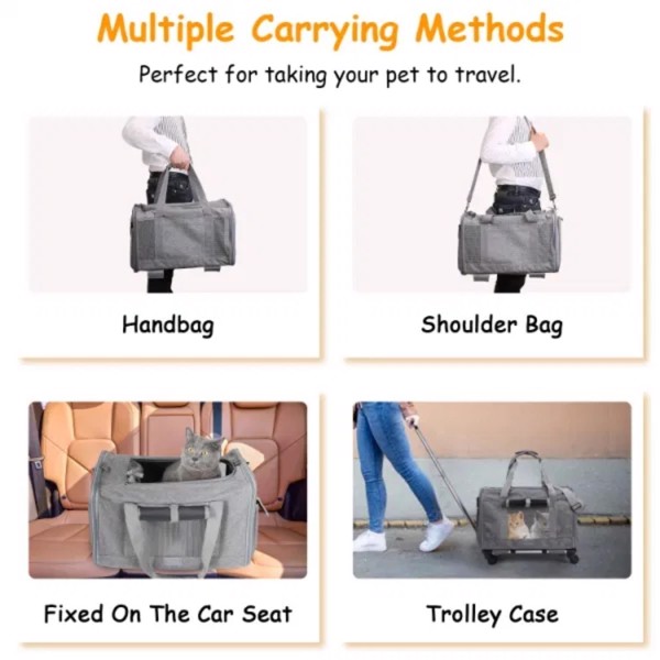 1pc Cat Dog Carrier with Wheels Airline Approved Rolling Pet Carrier with Telescopic Handle Shoulder Strap