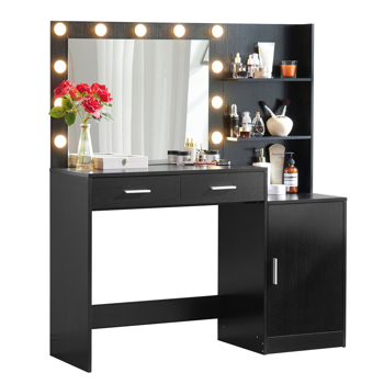 Vanity Desk with Mirror and Lights, 46.4IN Dressing Table with 2 Large Drawer&Large Vertical Organizer, 3 Level Dresser & 3 Lighting Modes Adjustable Brightness, Suitable for Bedroom(Black) 