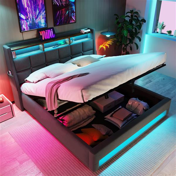 Full size Upholstered Platform bed with a Hydraulic Storage System, LED and USB Charging, Grey (without mattress)