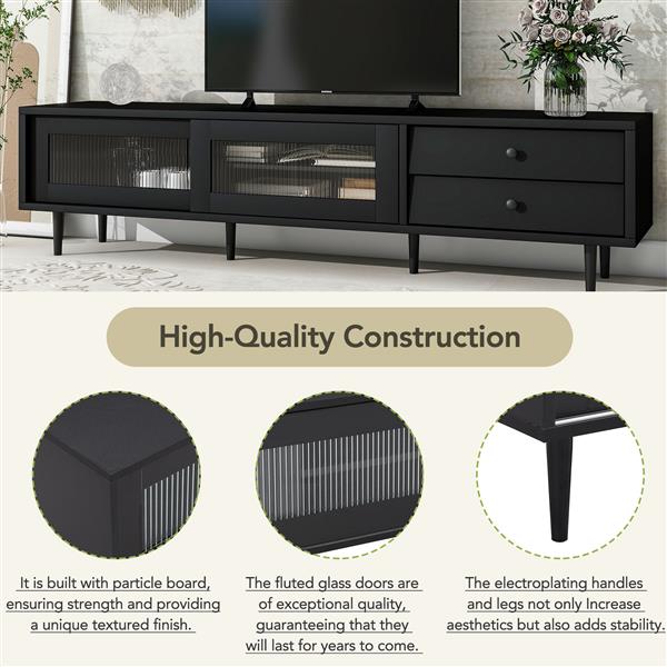 Chic Elegant Design TV Stand with Sliding Fluted Glass Doors, Slanted Drawers Media Console for TVs Up to 75", Modern TV Cabinet with Ample Storage Space, Black